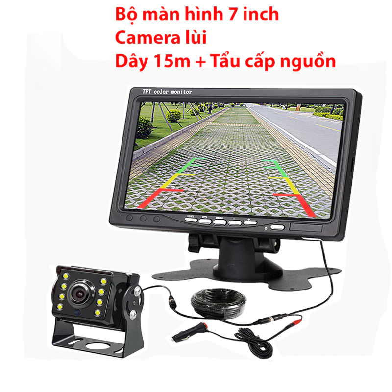 Bộ màn hình 7 inch + camera lùi 8 led + 15m dây + tẩu, điện 12-24V, lắp cho ô tô, máy xúc, cẩu HN02