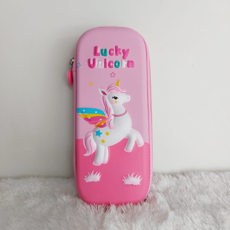 Combo Học Tập Hộp Bút 3D Lucky Unicorn Và Bộ Thước Kẻ 4 Món Siêu Đáng Yêu - Hộp Bóp Viết Chống Sốc Kèm Thước Cho Học Sinh