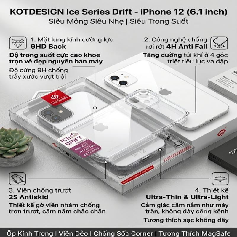 Ốp Lưng KOTDESIGN Ice Series Drift Lưng Kính 9HD Cho iPhone 12