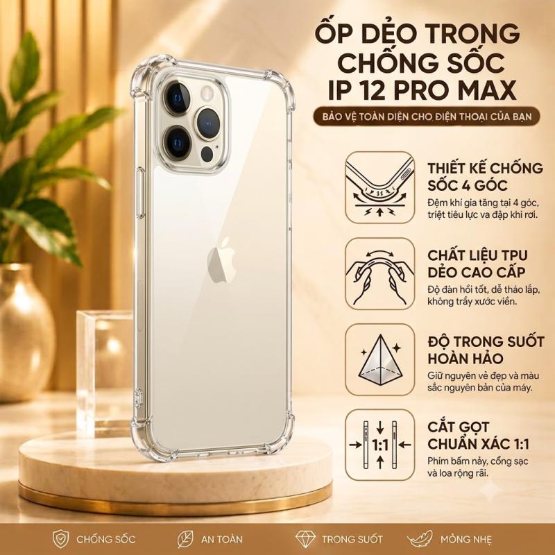 Ốp Lưng Dẻo Trong Suốt Chống Sốc 4 Góc Cho iPhone 12 Pro Max 6.7 Inch