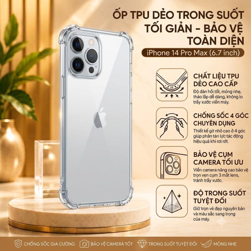 Ốp Lưng Dẻo Trong Suốt Chống Sốc 4 Góc Cho iPhone 14 Pro Max 6.7 Inch