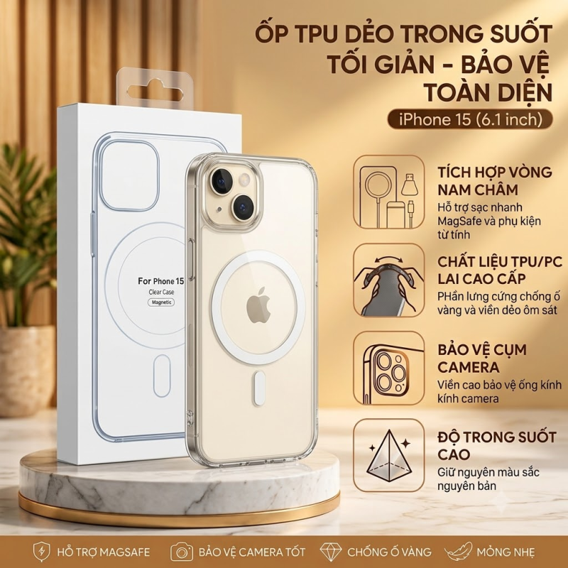 Ốp Lưng Trong Suốt Hỗ Trợ Sạc Từ Tính Magnetic MagSafe Cho iPhone 15 6.1 Inch