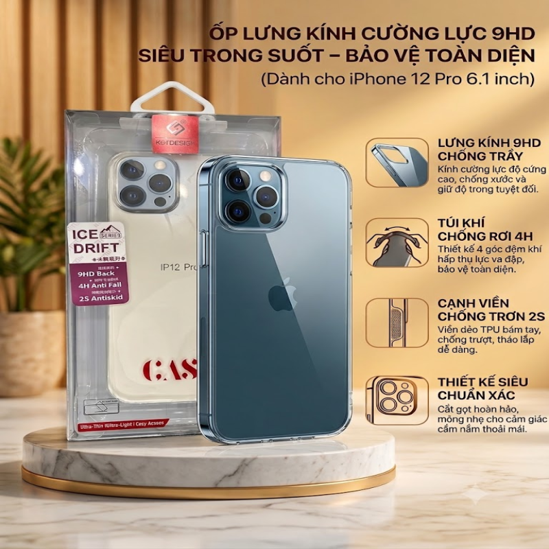 Ốp Lưng Kính Cường Lực KOTDESIGN Ice Series Drift Chống Sốc Cho iPhone 12 Pro 6.1 Inch