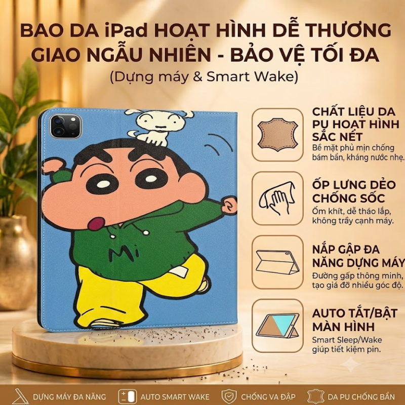 Bao Da iPad Hoạt Hình Dễ Thương Hình Shin / Mickey Nắp Gập Đa Năng Chống Sốc