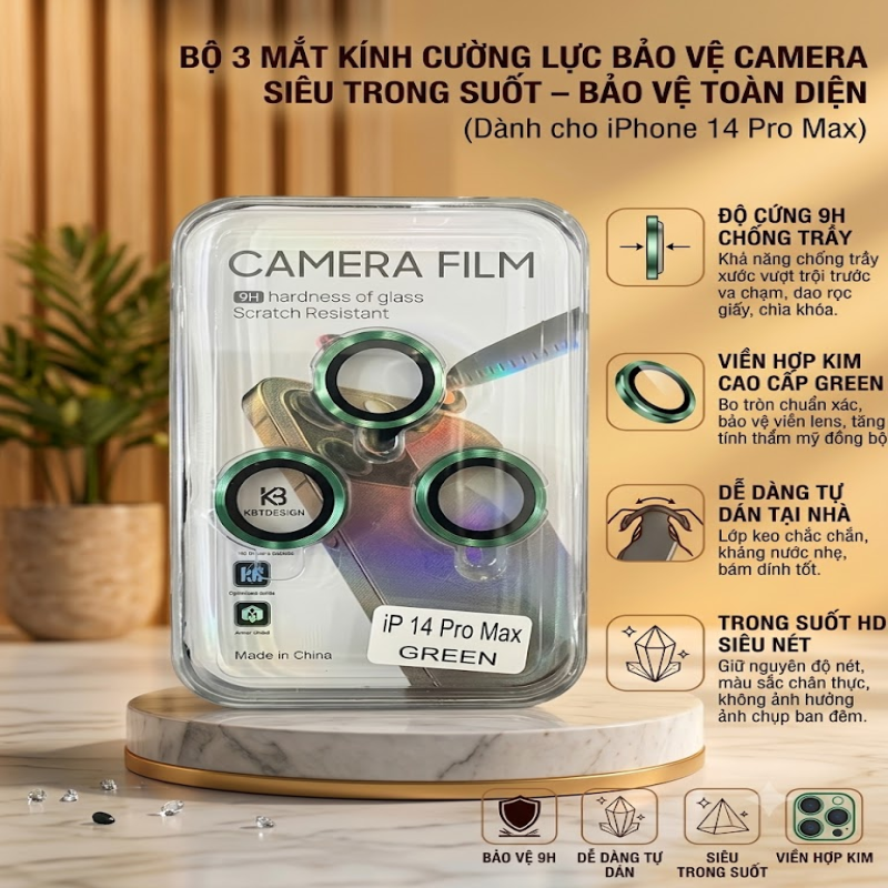 Bộ Dán Cường Lực Bảo Vệ Camera Viền Kim Loại 9H Cho iPhone 14 Pro Max (Green)