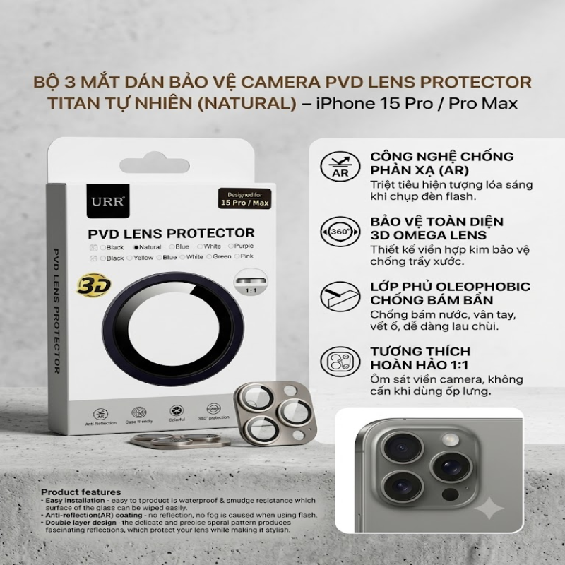 Bộ Dán Bảo Vệ Camera URR 3D Chống Lóa AR Cho iPhone 15 Pro / 15 Pro Max