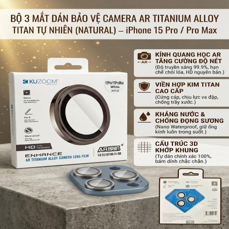 Bộ Dán Bảo Vệ Camera Kuzoom AR Titanium Alloy Cho iPhone 15 Pro / 15 Pro Max - Màu Bạc