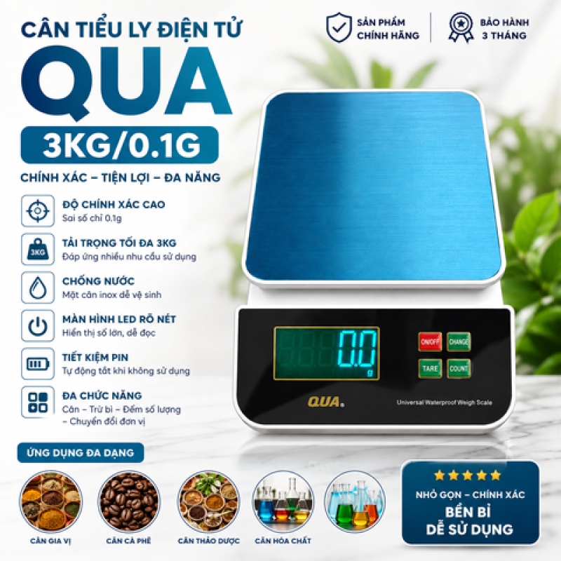 Cân Tiểu Li Điện Tử QUA 3KG/0.1G Chống Nước Sạc USB Chính Hãng