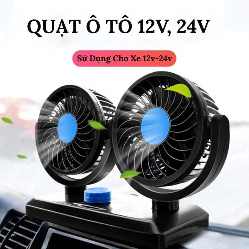 Quạt Đôi Ô Tô 2 Đầu Gắn Taplo Xoay 360 Độ Cắm Tẩu 12V - 24V  - Siêu Mát Êm Ái Cho Xe Hơi
