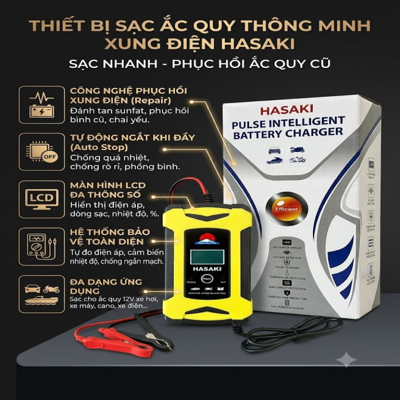 Thiết Bị Sạc Ắc Quy Thông Minh Xung Điện Hasaki 12V Khử Sunfat Tự Động Ngắt