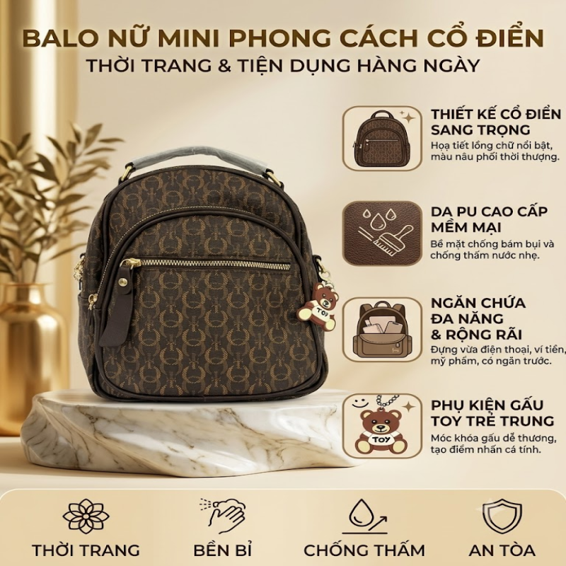 Balo Nữ Mini Da Thời Trang Họa Tiết Cổ Điển Kèm Móc Khóa Gấu
