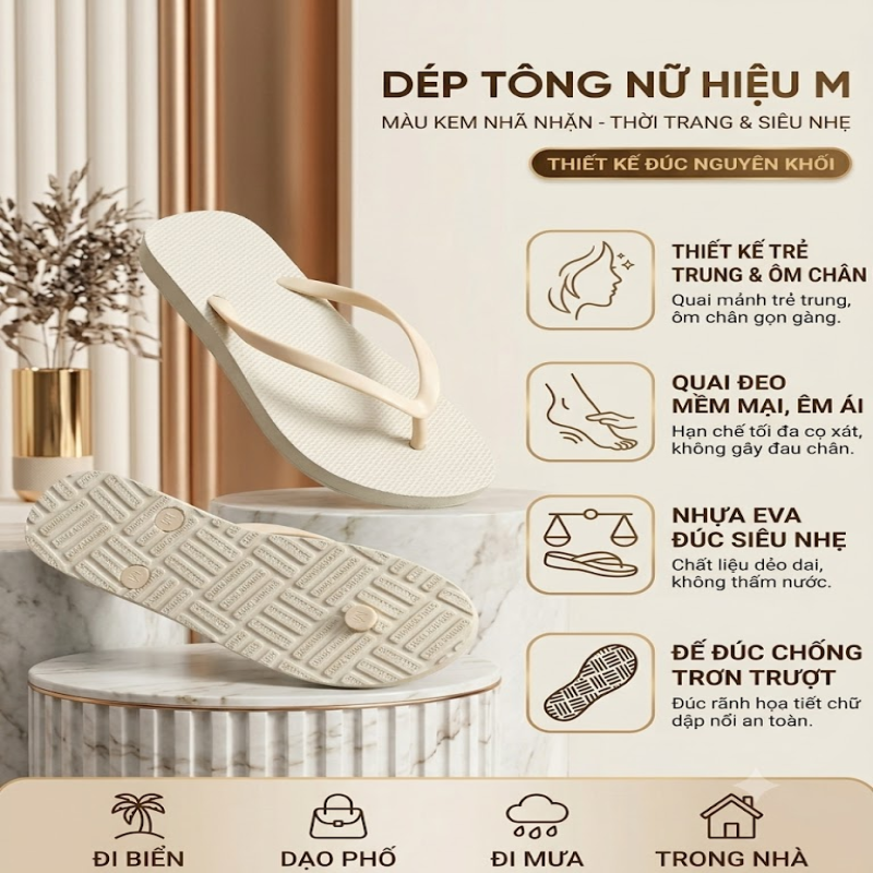 Dép Tông Nữ Xỏ Ngón Nhựa EVA Siêu Nhẹ Hiệu M Màu Kem Size 35