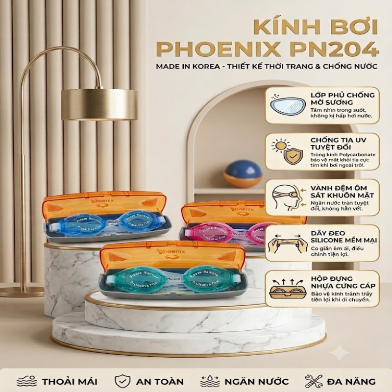 Kính Bơi Nam Nữ Phoenix Tròng Kính Nhựa Cao Cấp Chống Sương Mờ & Tia UV