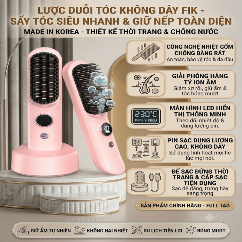 Lược Duỗi Tóc Không Dây Dùng Pin Sạc FIK (Màu Hồng - Kèm Đế Sạc & Cáp Sạc USB).