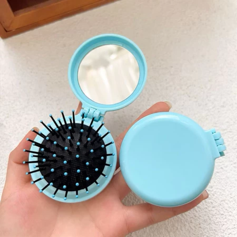 Lược Chải Tóc Gấp Gọn Tích Hợp Gương Soi Đệm Khí Mini (Màu Xanh Dương).