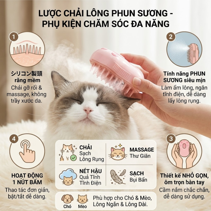 Lược Chải Lông Chó Mèo Tích Hợp Phun Sương Hơi Nước & Massage Bằng Nhựa / Silicone (Màu Hồng).