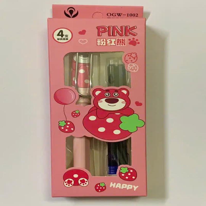 Bút Máy Xóa Được Gấu Dâu OuGuWen 1002 Tặng Kèm 4 Lõi Mực Xanh