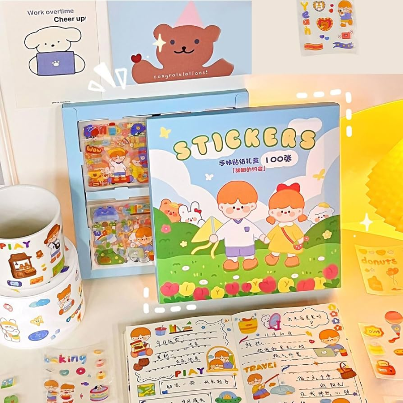 Hộp 100 Tấm Sticker Hình Dán PVC Chống Nước Chủ Đề Ngọt Ngào Dễ Thương
