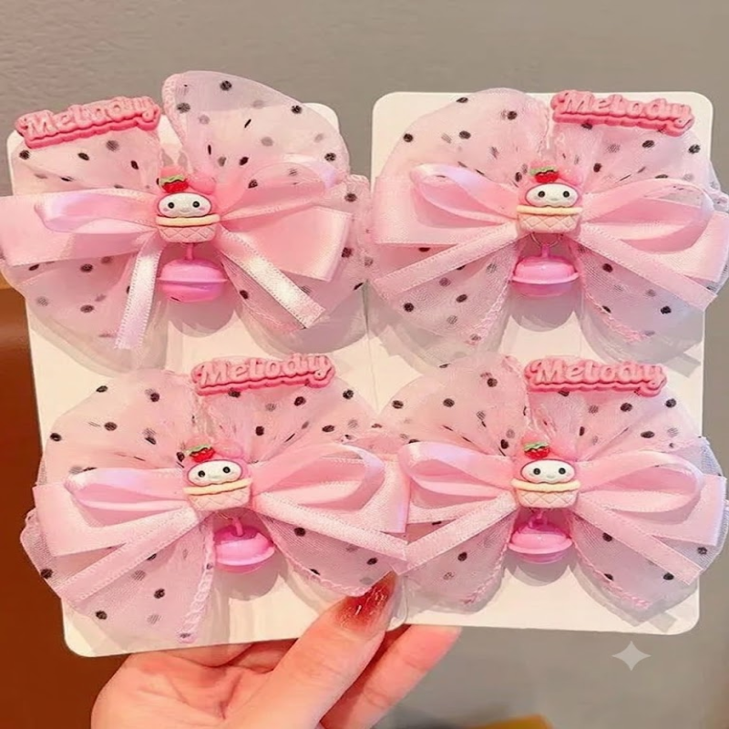 Kẹp Tóc Nơ Lưới Melody Hồng Đính Chuông Siêu Cute Cho Bé ( 1 Đôi )