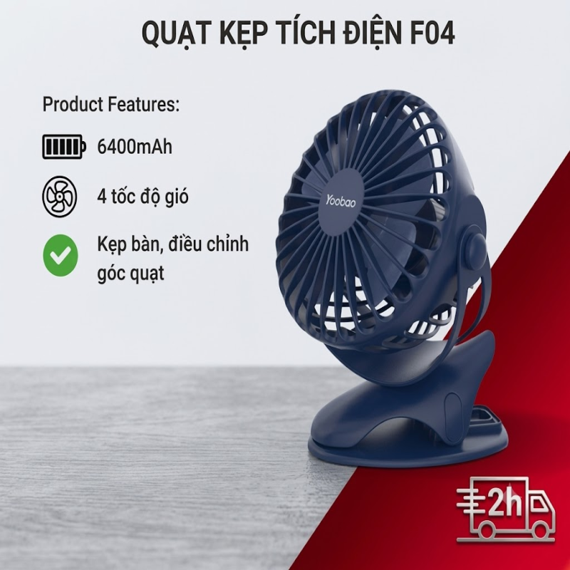 QUẠT KẸP TÍCH ĐIỆN MINI YOOBAO F04 (DUNG LƯỢNG PIN 6400mAh)