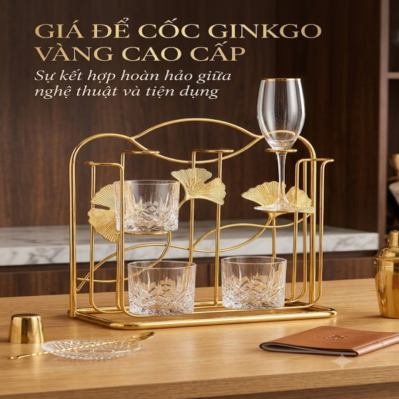 Khay / Giá Úp Cốc Chia Ngăn Khung Kim Loại Mạ Vàng Họa Tiết Lá Ngân Hạnh (Bạch Quả)