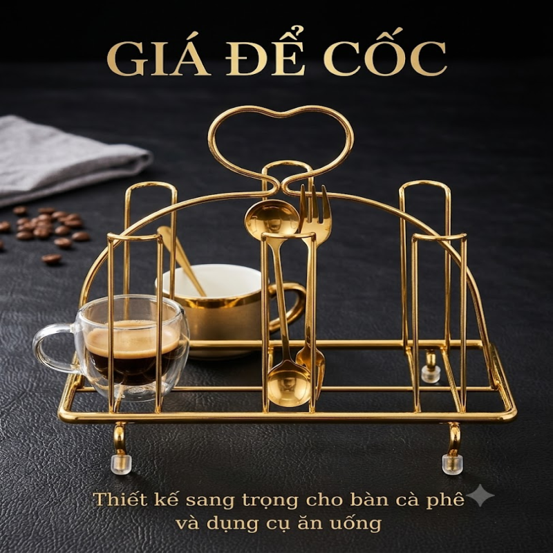 Giá Để Cốc Úp Ly 6 Nhánh Khung Kim Loại Mạ Vàng Tay Cầm Trái Tim Chân Chống Trượt Decor Bàn Trà