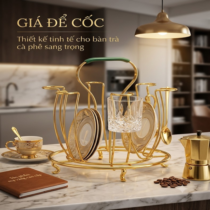 Giá / Khay Úp Cốc 6 Nhánh Kim Loại Mạ Vàng Dạng Tròn / Dáng Cây Tay Cầm Bọc Nhựa / Bọc Gỗ Màu Xanh Lục Bảo (Chân Bọc Cao Su Chống Trượt)