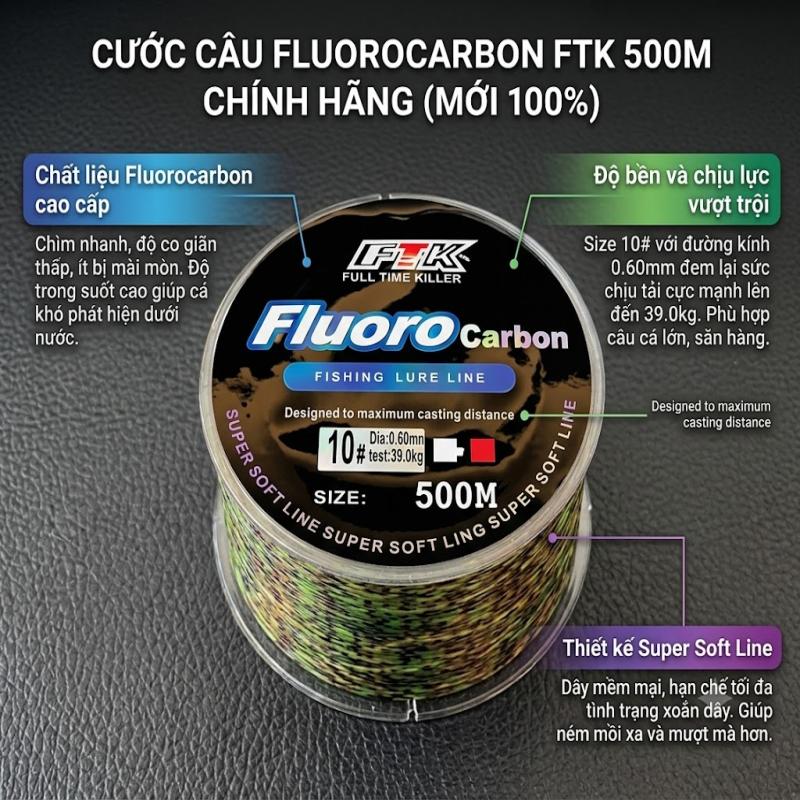 Cước Câu Fluorocarbon FTK 500M Size 10# 0.60mm 39kg  Siêu Bền