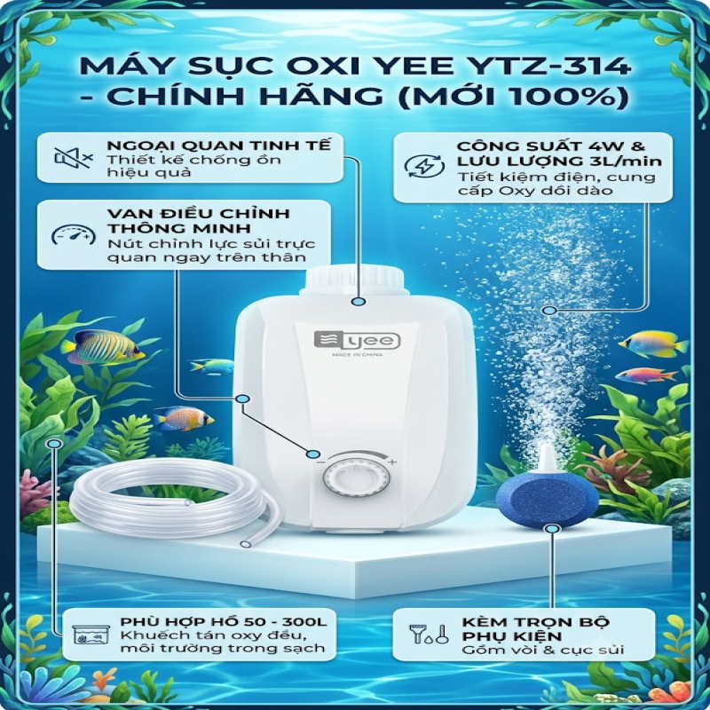 Máy Sục Oxi Bể Cá Yee YTZ-314 4W 1 Vòi Kèm Phụ Kiện