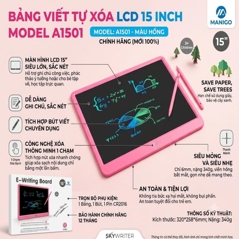 Bảng Viết Tự Xóa LCD 15 Inch Model A1501 Màu Hồng Chính Hãng Cho Bé Và Văn Phòng